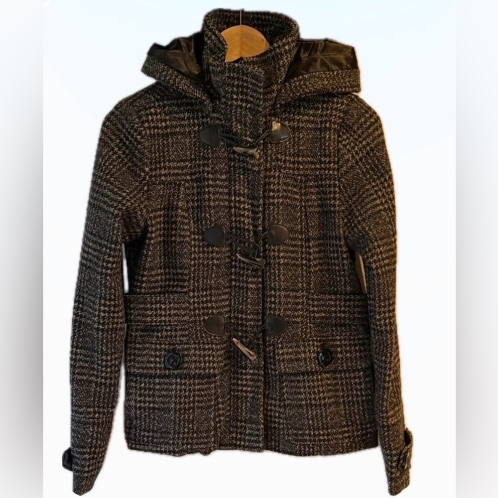 Celebrity Pink Black & Gray Plaid Hooded Toggle Pea Coat